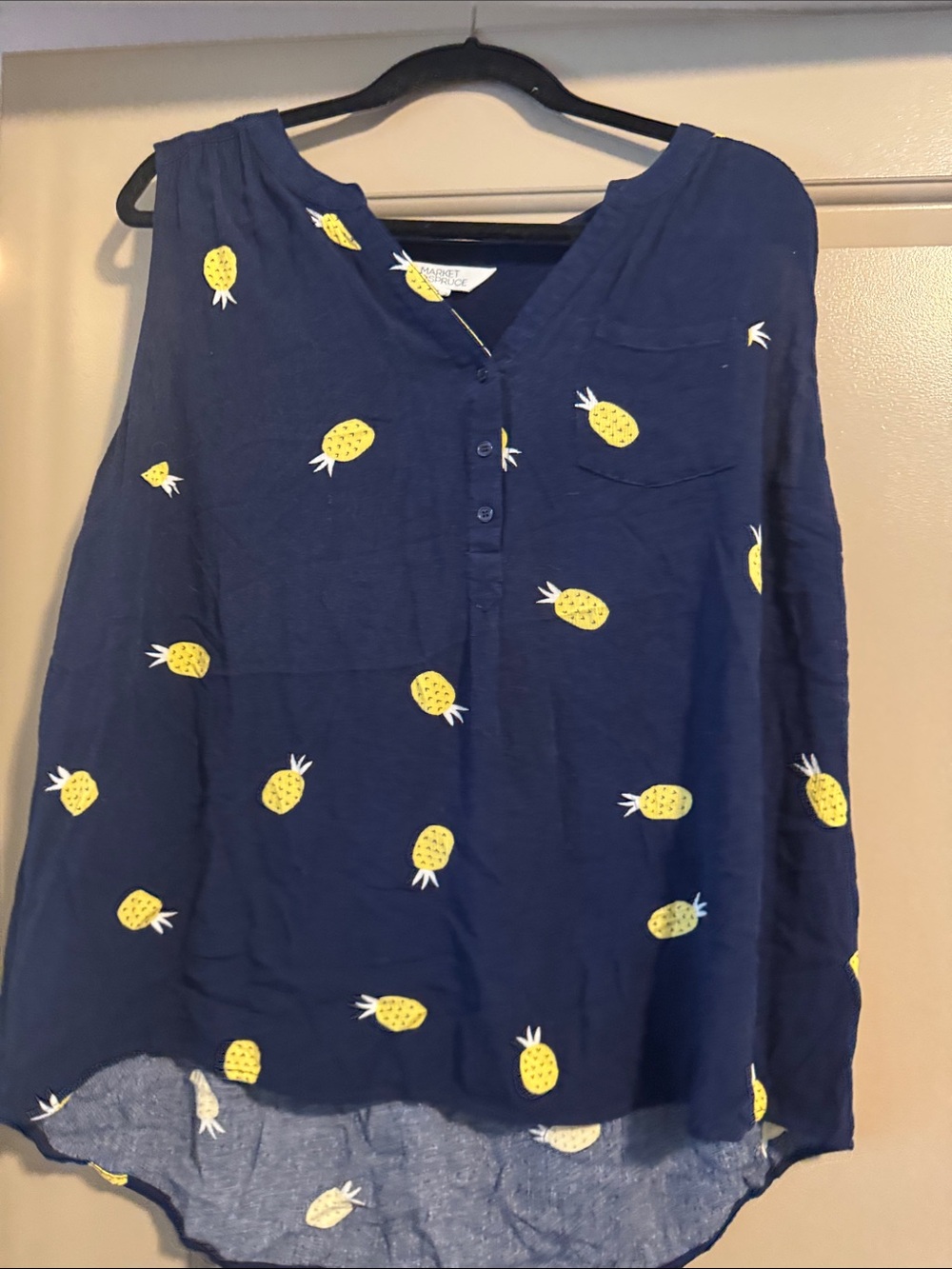 Market & Spruce Navy Top with Yellow Pineapple Accent